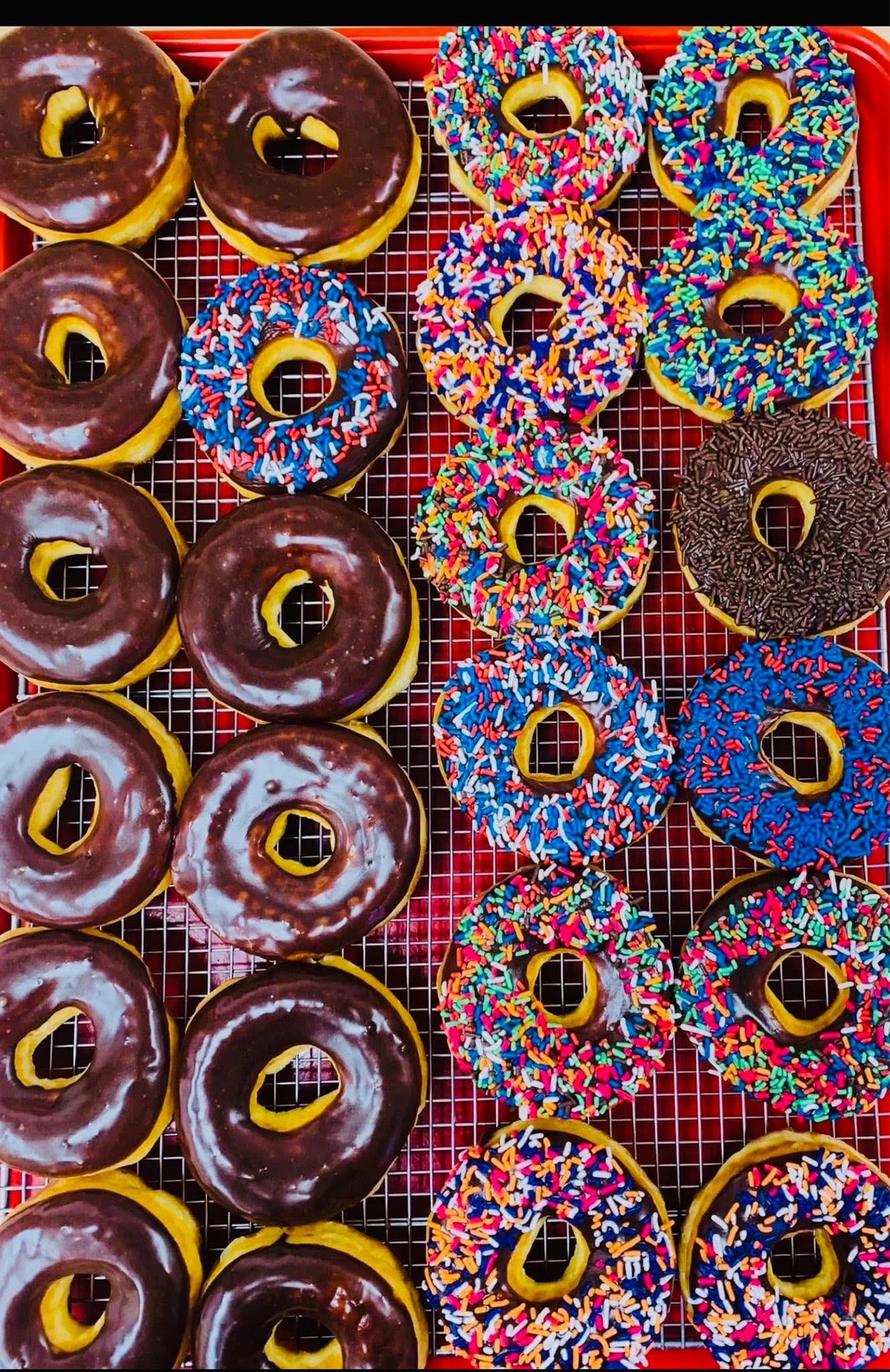 Trays of chocolate and rainbow sprinkle donuts